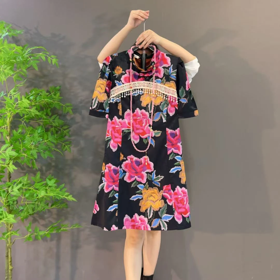 8822新中式复古印花重工流苏清新旗袍连衣裙大码女装显瘦遮肉