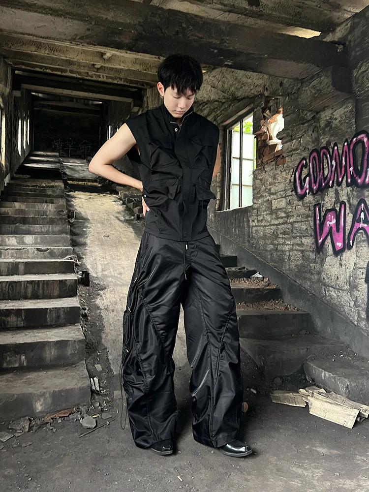 IHF“醋酸”多抽绳弯刀阔腿拖地机能暗黑废土解构裁片透气休闲裤