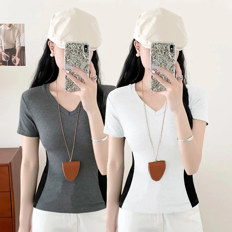 【显瘦上衣】V领正肩T恤女设计感春夏季修身显瘦内搭百搭洋气上衣女