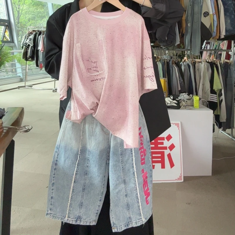 【亲子装】儿童韩版T袖套装韩版2025新款字母短袖T恤夏季上衣牛仔裤