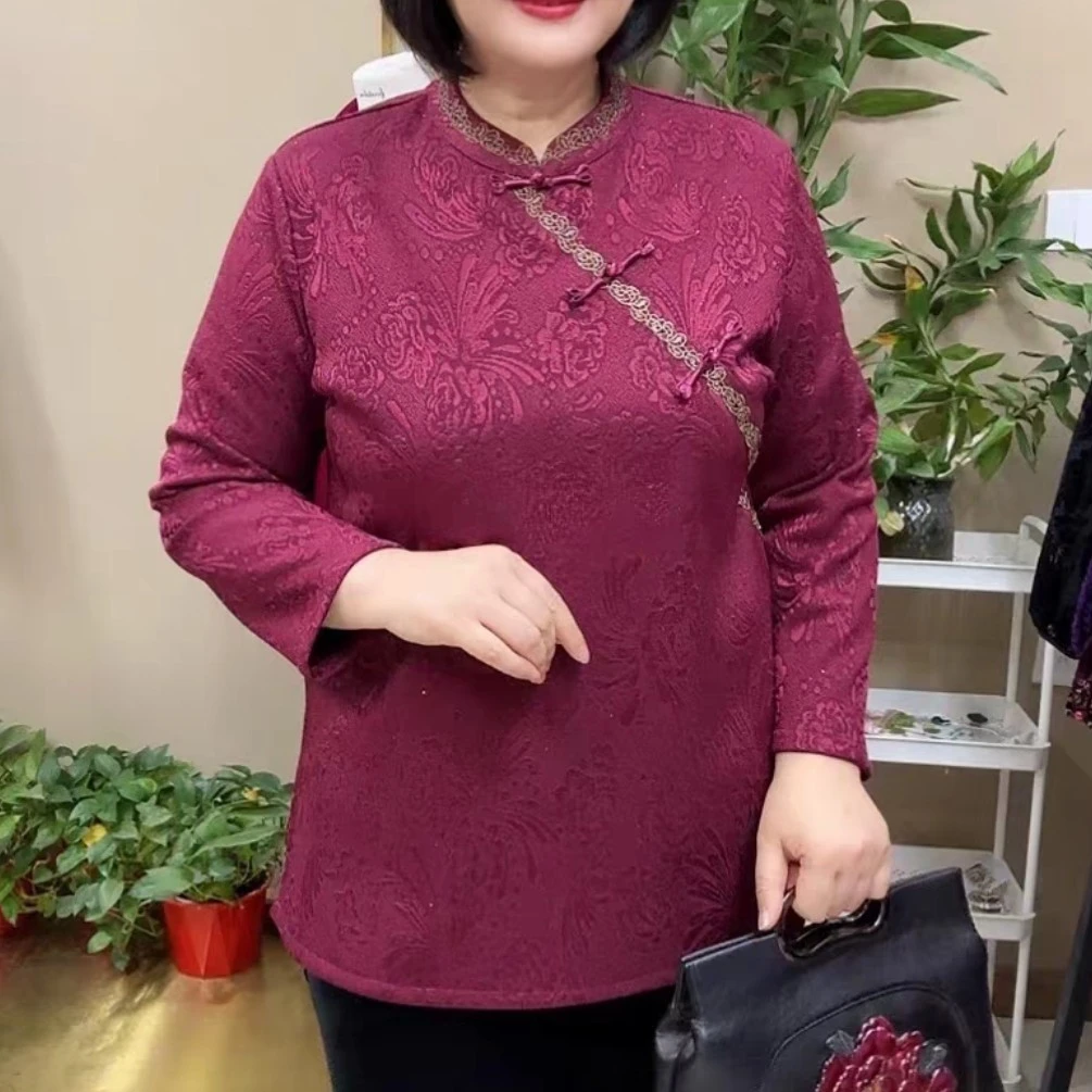 复古提花立领长袖加绒加厚中年妈妈洋气显瘦百搭上衣