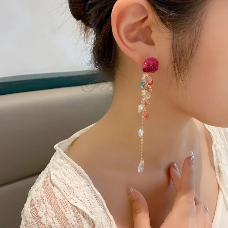 铜合金锆石耳饰 小众设计感甜美古风鲜花耳环长款流苏夸张耳饰古