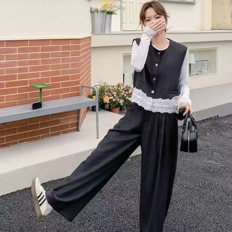 蕾丝拼接马甲阔腿裤套装小香风ootd