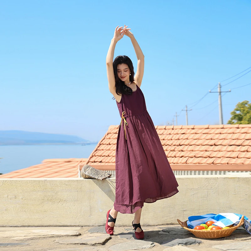 绽放旅行女装200朵/拼接撞色肩带抽皱可调节双层吊带连衣裙女舒适