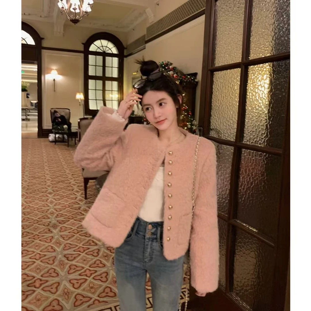 2024冬季新款气质名媛小香风外套女粉色高级感加厚短款外套上衣