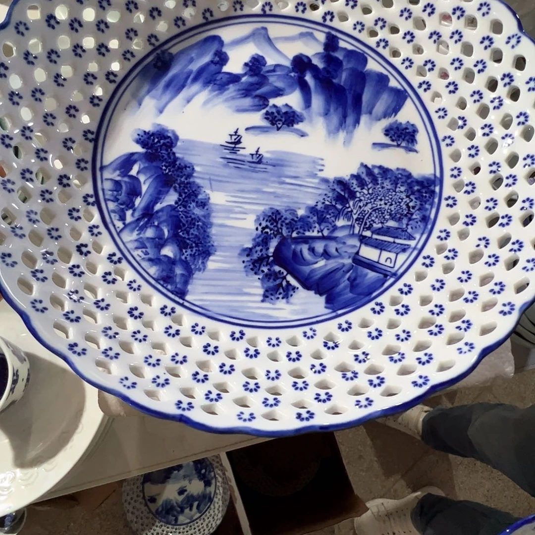 瓷景德镇高温陶瓷青花山水果盘