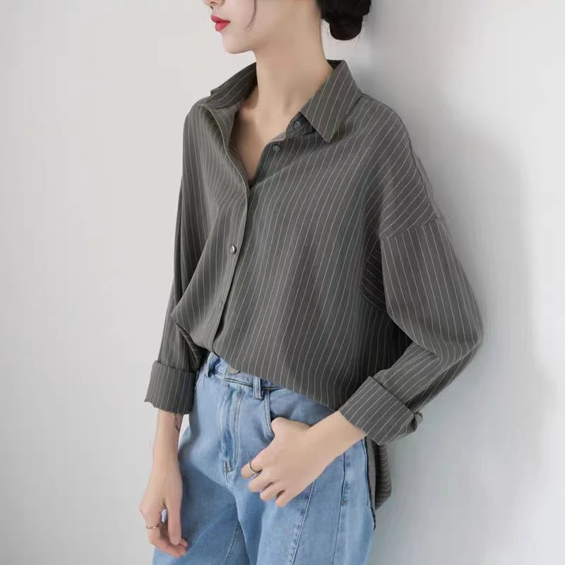 2292款宽松条纹衬衫高级感韩版慵懒风男友风外套休闲长袖上衣新款