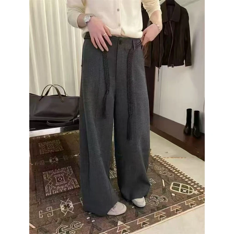 242-3502 灰色百搭腰带宽松直筒休闲裤