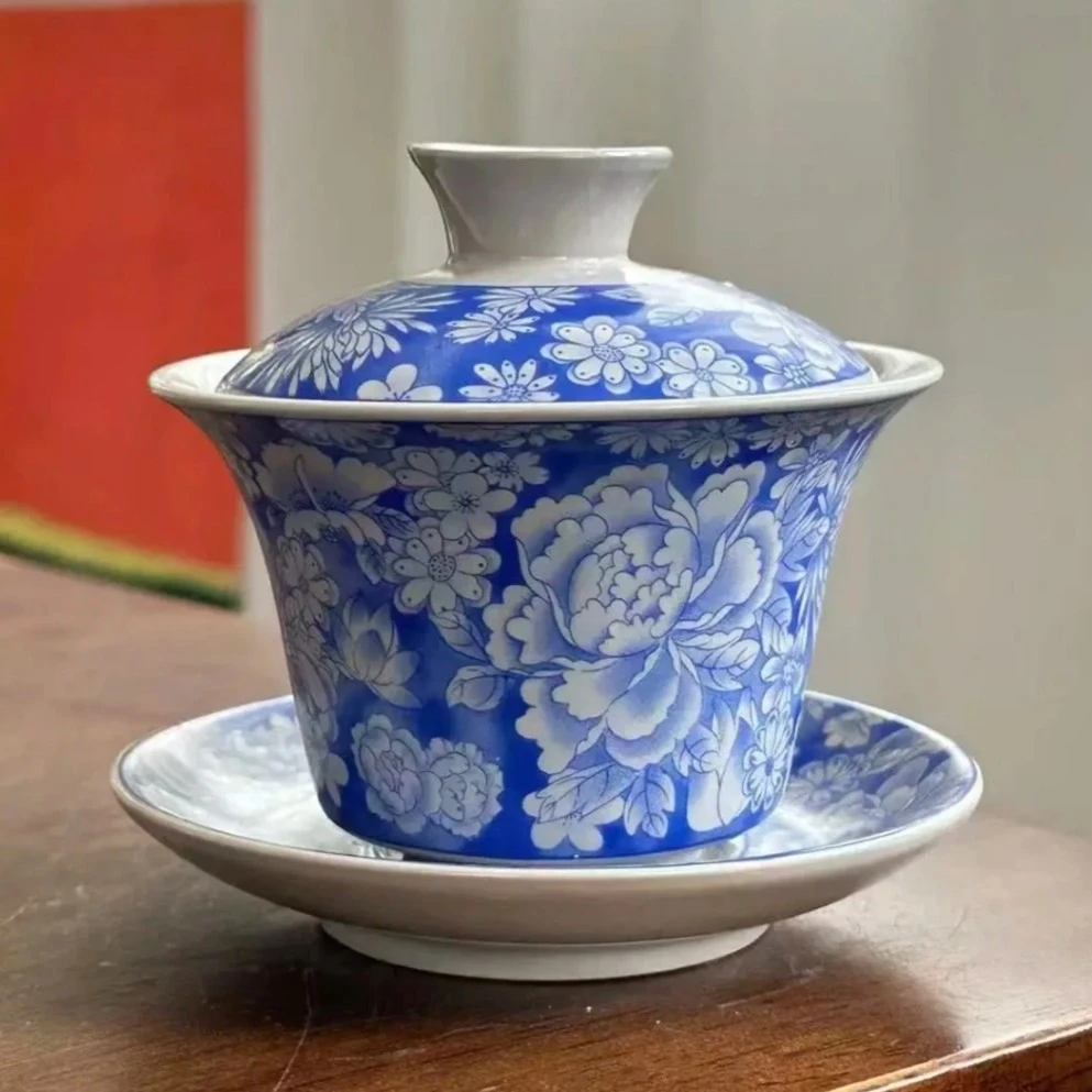 A 183繁花似锦青花可悬停盖碗复古风