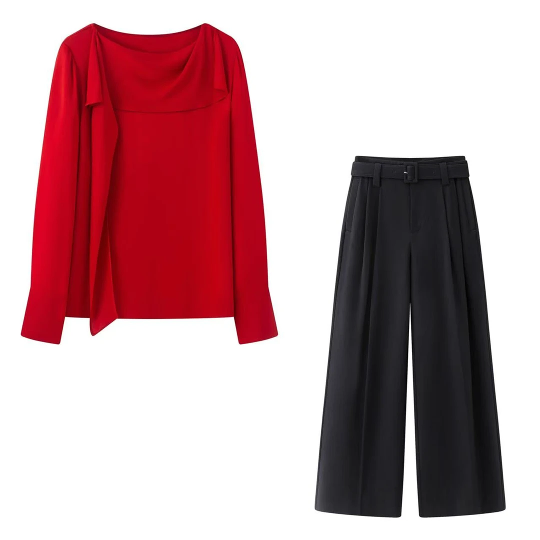 艾家春季正肩袖长袖印花通勤衬衫时尚网红高腰套装1174/1160