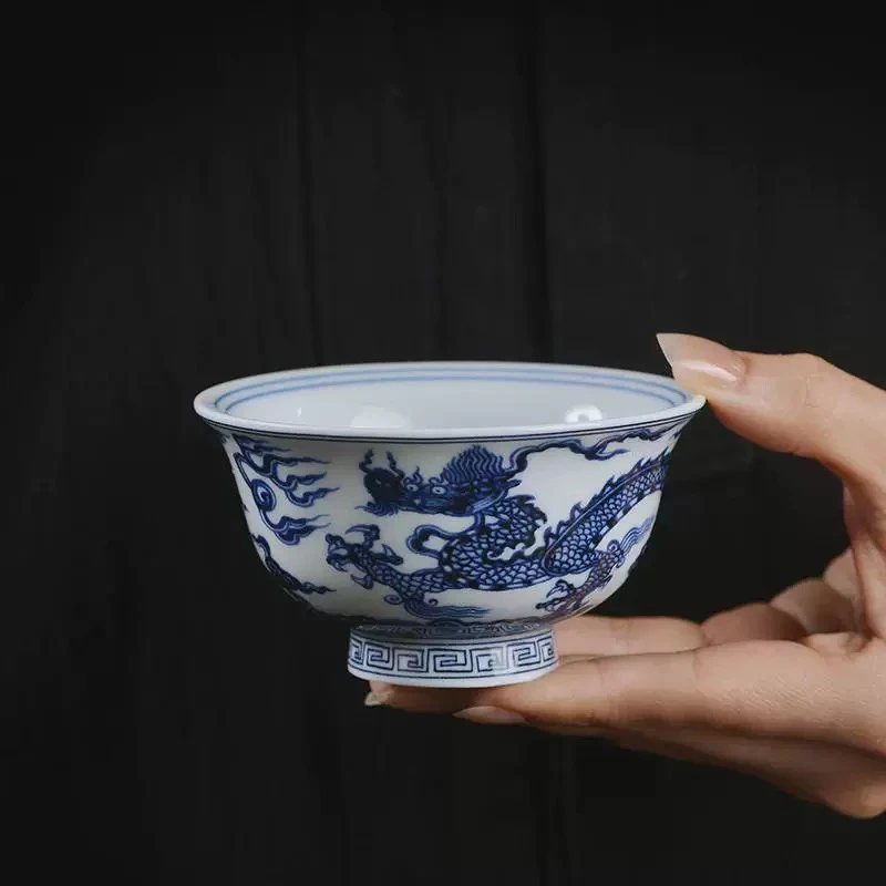 景德镇七丞堂青花龙纹三才盖碗不烫手功夫茶具杯子盖置压手杯缸杯