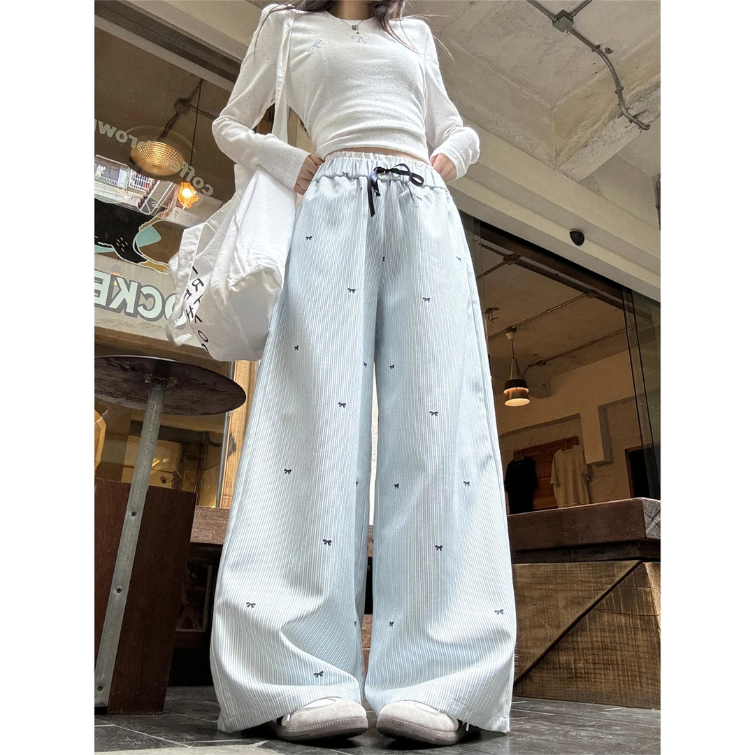 蓝色直筒条纹休闲裤女春秋2025新款运动卫裤慵懒风松弛感阔腿裤子