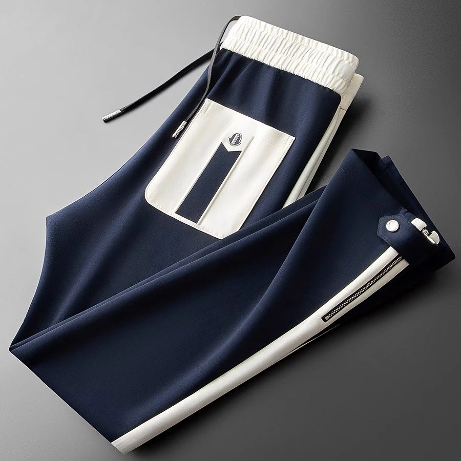 WICESANT乌茨森特秋季拼接太空棉裤子拉链纽扣直筒运动卫裤男士