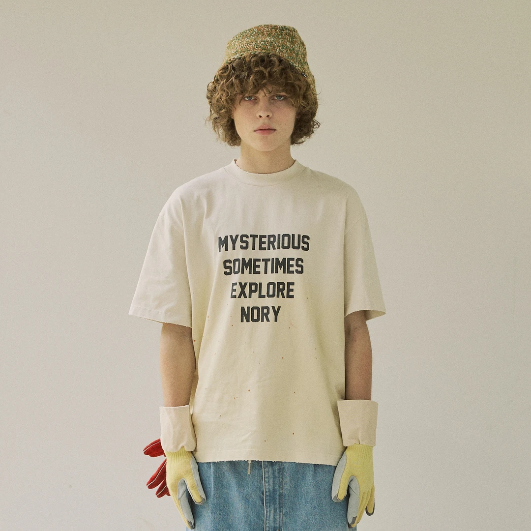 NORYBRAND 24SS水洗泼墨做旧大标语印花渐变磨破T恤 复古圆领短袖