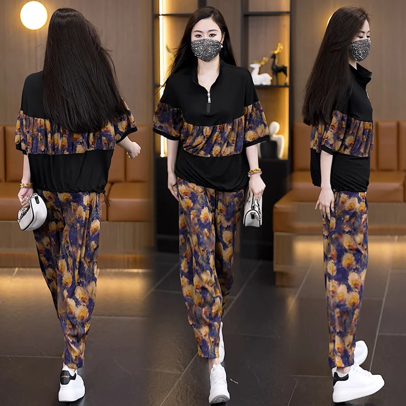 夏季新款透气时尚宽松遮肉高级设计感套装大码气质显瘦妈妈装