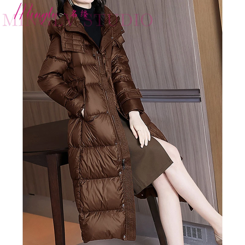 名缕2025年冬季加厚保暖连帽咖啡色中长款时尚高品质羽绒服外套