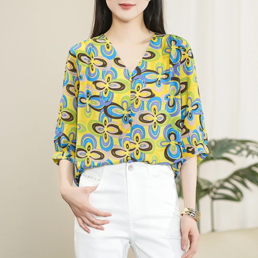 【夏季新款】薄款印花时尚气质百搭大码休闲七分袖小衫CS6299衣长62