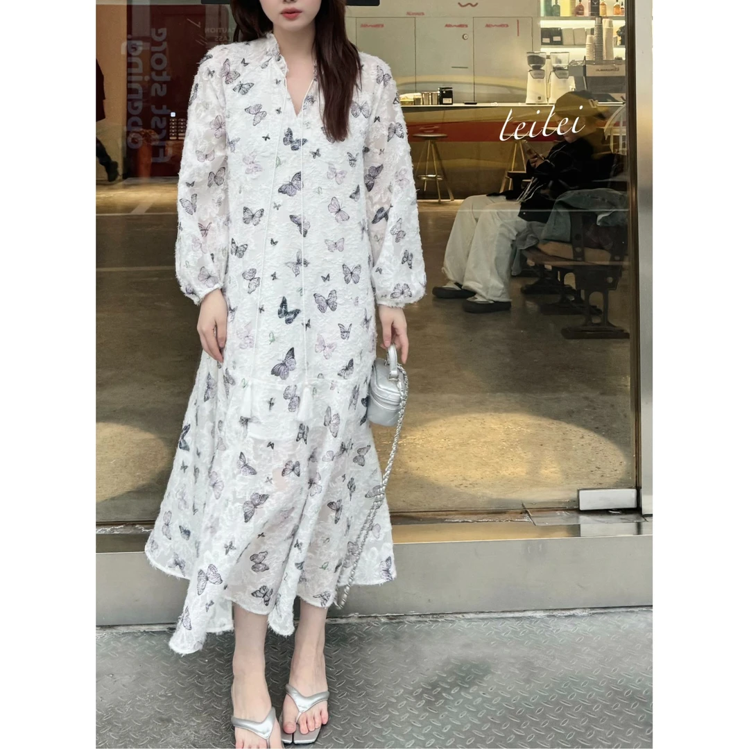 晶咕【庄周梦蝶】韩系立领木耳边领口拉毛蝴蝶印花宽松连衣裙