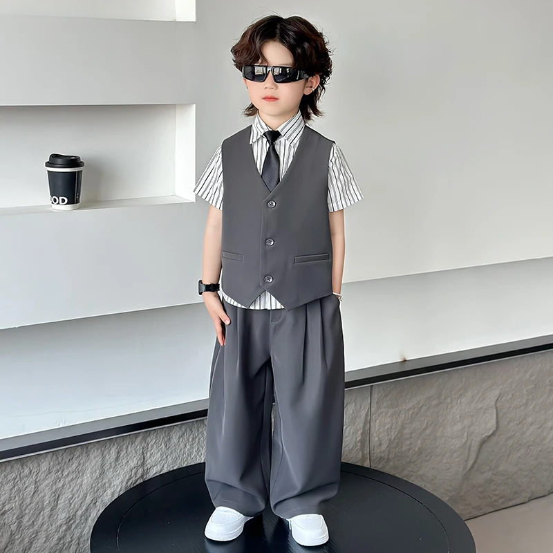 高级感主持人男童小礼服夏潮帅气时髦儿童西装套装2025小少爷西服