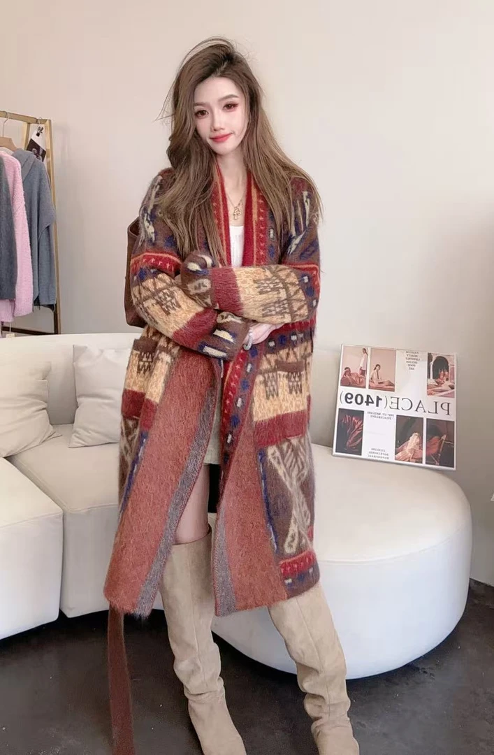 【100山羊绒】拉绒工艺255339-慵懒风时尚拼色费尔岛提花针织大衣