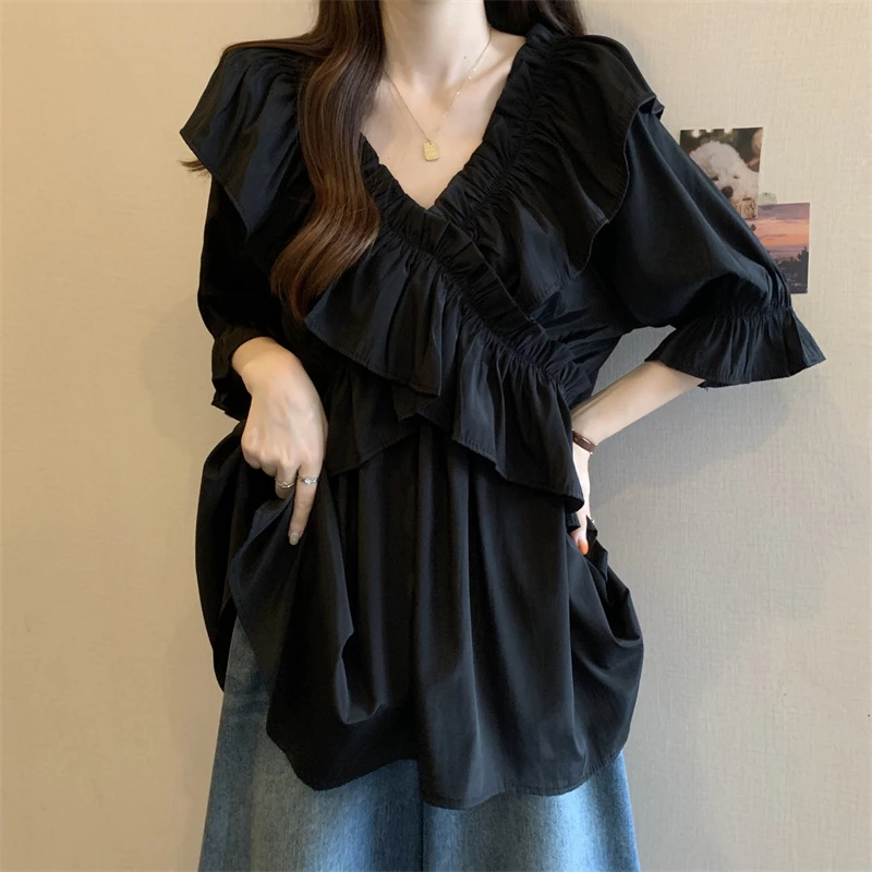独特别致荷叶边V领黑色雪纺短袖衬衫女夏大码胖mm收腰中长款上衣