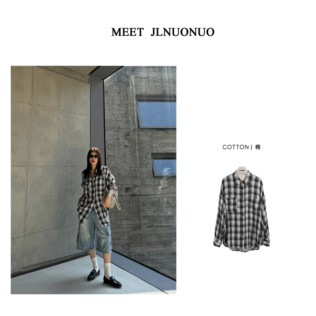 JLNUONUO    黑白格男友风双纱定制棉格纹大版衬衣