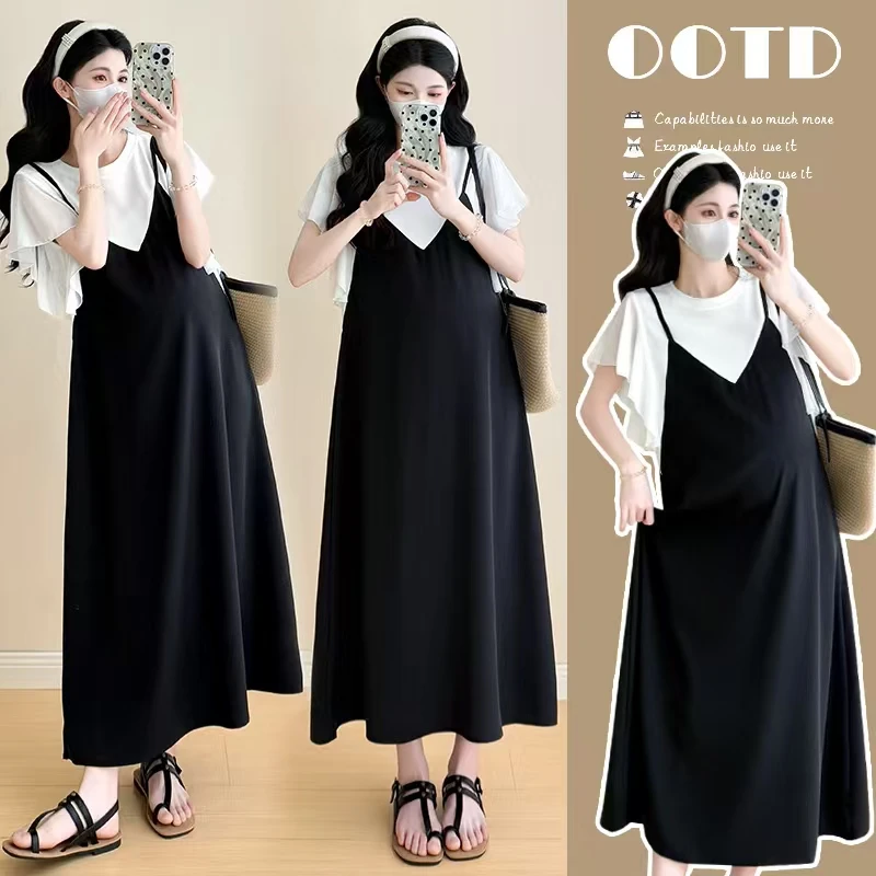 孕妇装夏装2025新款夏季外穿时尚休闲假两件冰感宽松显瘦遮肚长裙