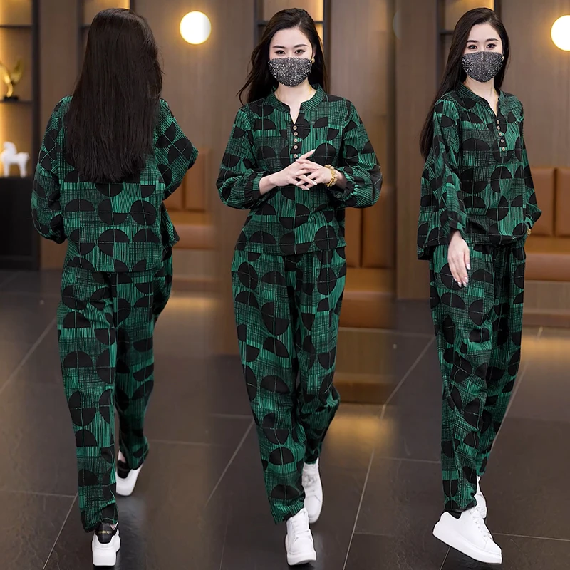 宽松秋装复古洋气时尚显瘦休闲运动套装韩版长裤长袖绿色大码女装