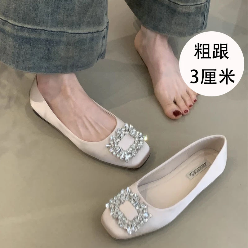 2025新款方头法式单鞋女气质方扣水钻浅口粗跟通勤百搭瓢鞋高跟鞋