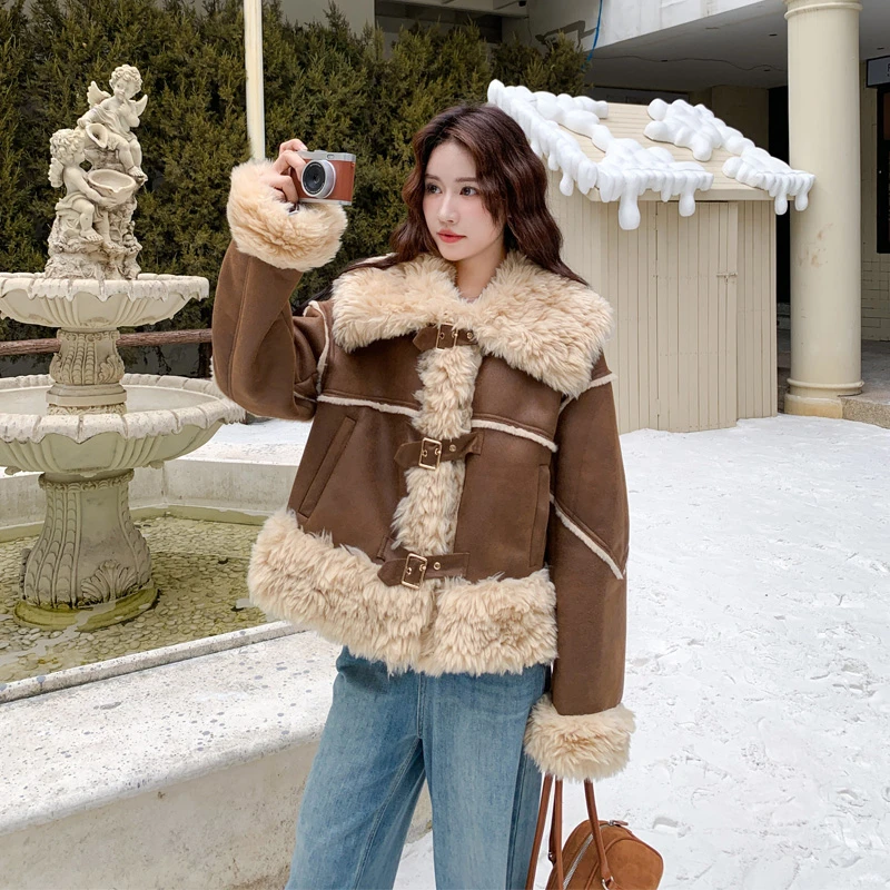 复古港风皮毛一体外套女2025冬季新款甜酷风小众ins加绒加厚棉衣