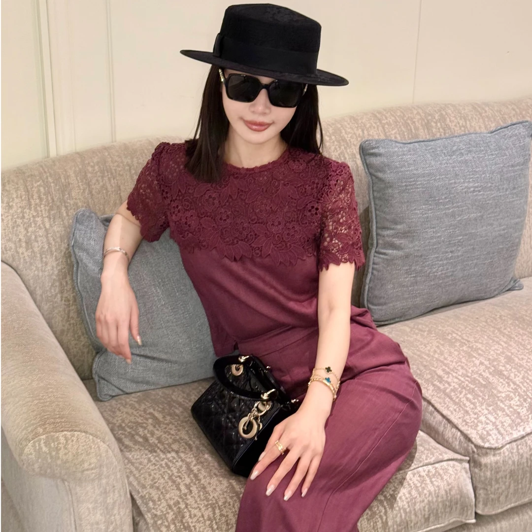LUXURYMEMO【紫藤花园上衣】蕾丝衫时尚镂空短袖短款时尚气质套头衫