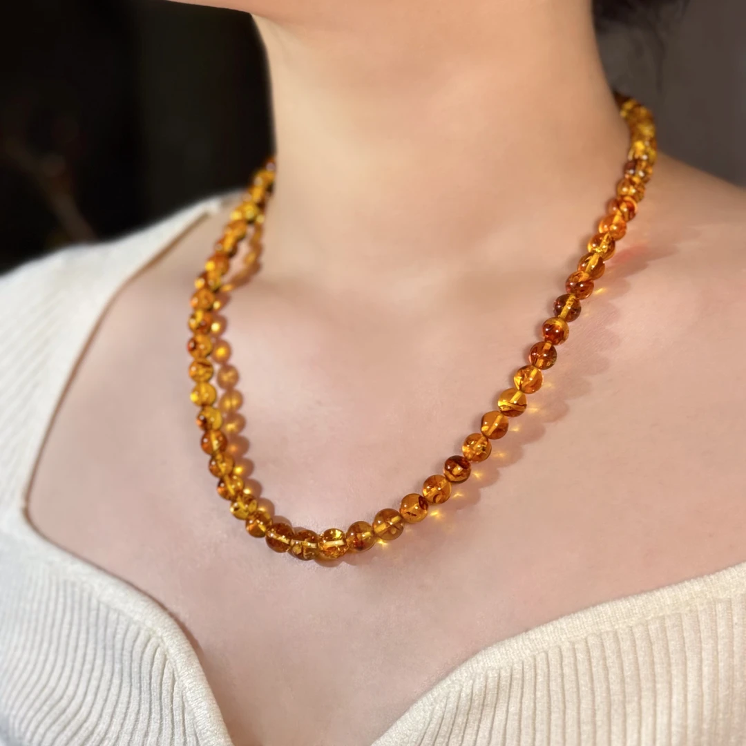 美创珠宝天然琥珀俄罗斯花珀8+mm项链妈妈链女神链