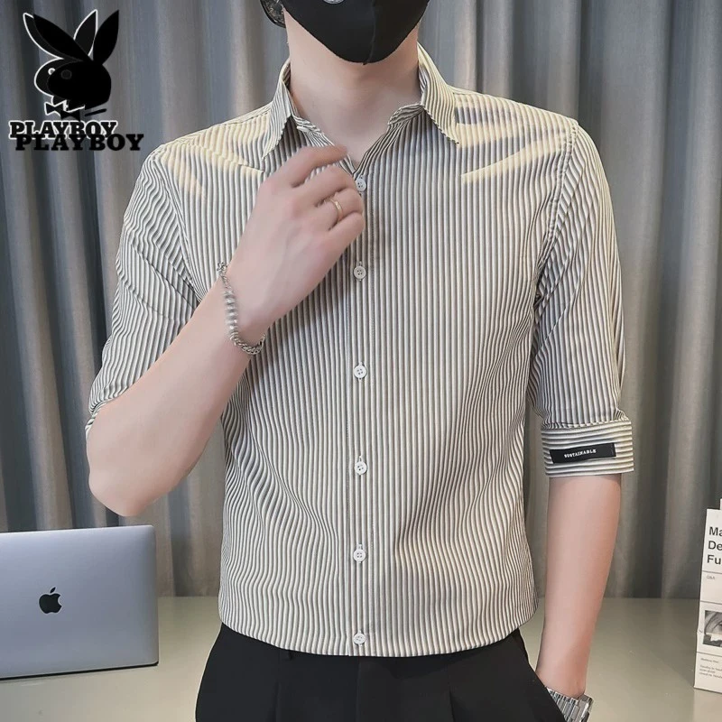 花花公子衬衣七分袖衬衫上衣男士夏季薄款潮流痞帅休闲抗皱条纹短