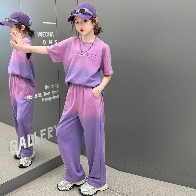 女大童运动套装夏季2025新款时髦洋气儿童夏装女孩短袖长裤两件套