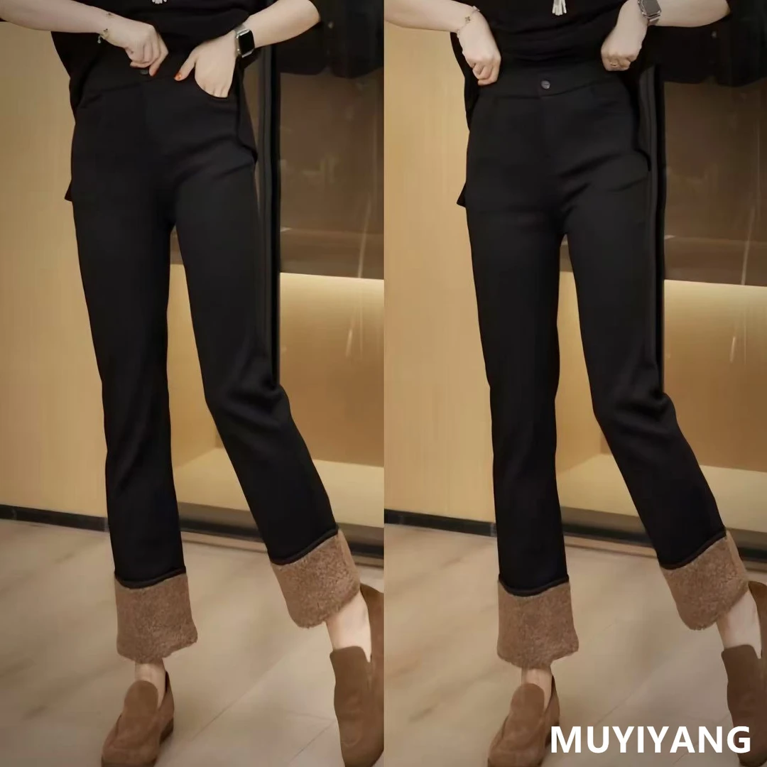 【加绒】翻边弹力拼接羔毛加厚高定版休闲裤 裤长91 25-546#
