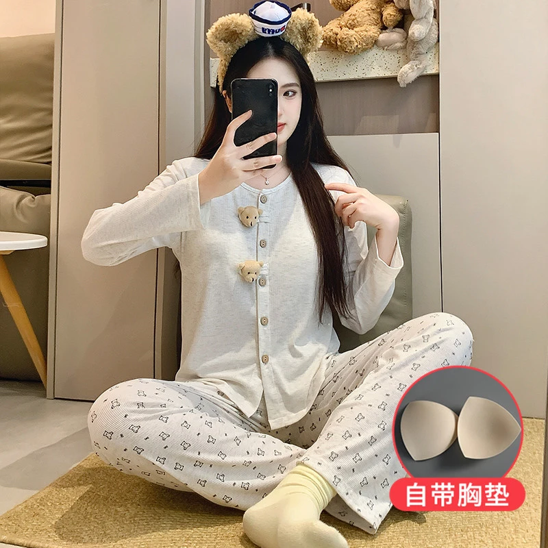 秋季新款少女睡衣带胸垫长袖长裤学生甜妹风卡通公仔家居服套装