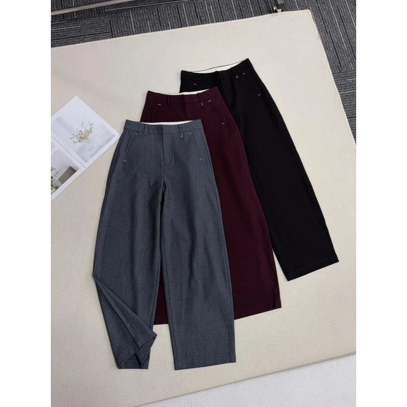 天丝羊毛高腰长裤直筒裤3色酒红 灰 黑 阔腿裤微弹西装裤