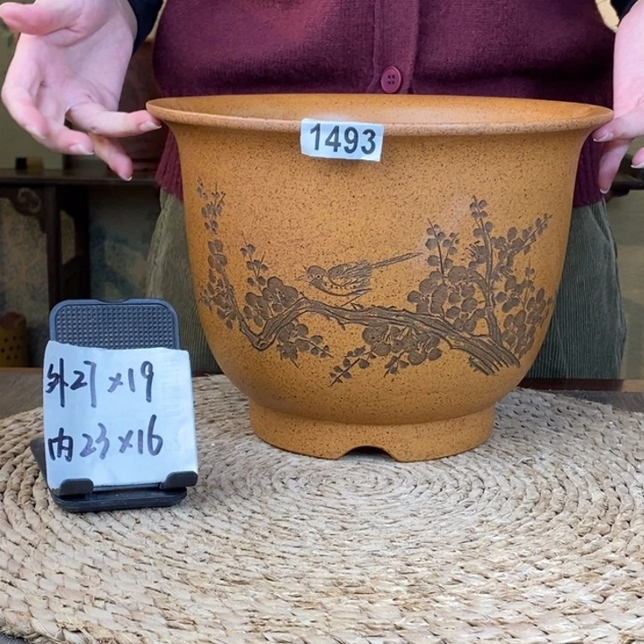 花盆紫砂  特惠柴烧精品刻绘墨梅大金钟1493