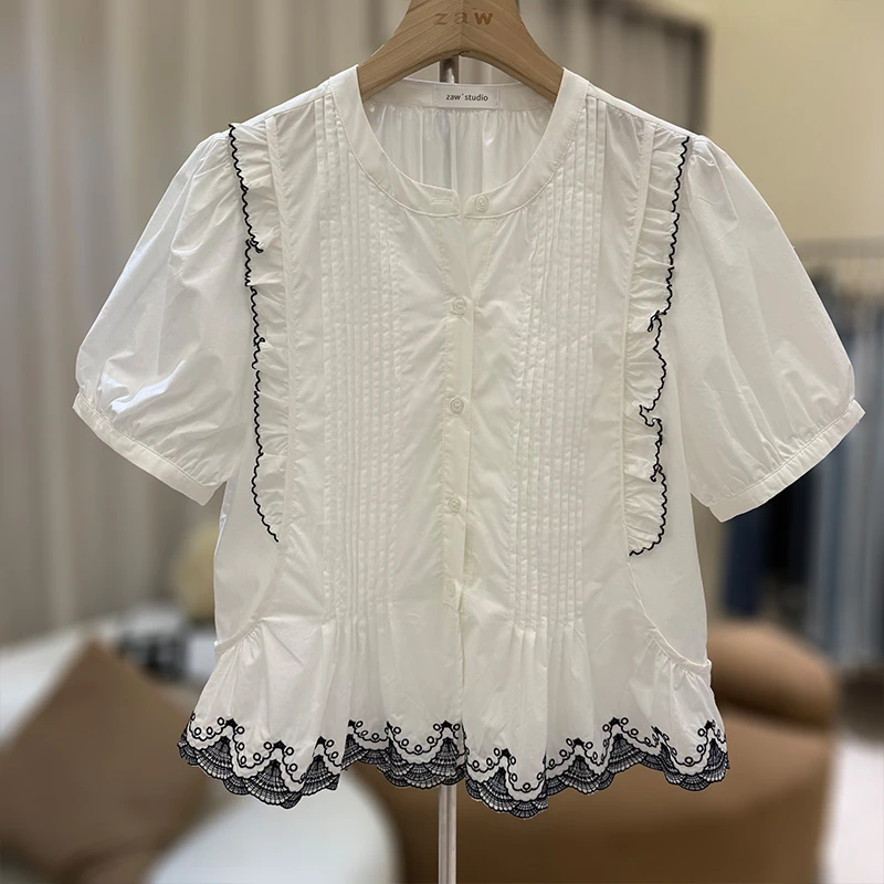 【胖mm显瘦心机款】大码撞色木耳边衬衫女夏宽松洋气遮肉上衣/25241