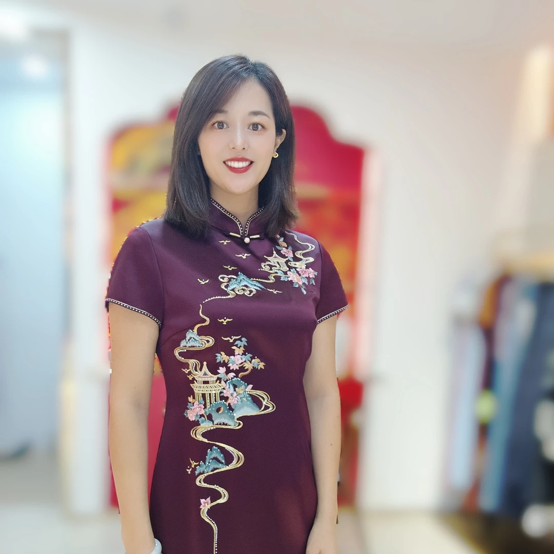 中国风一粒扣重磅婚礼斜襟一字扣时尚旗袍印花