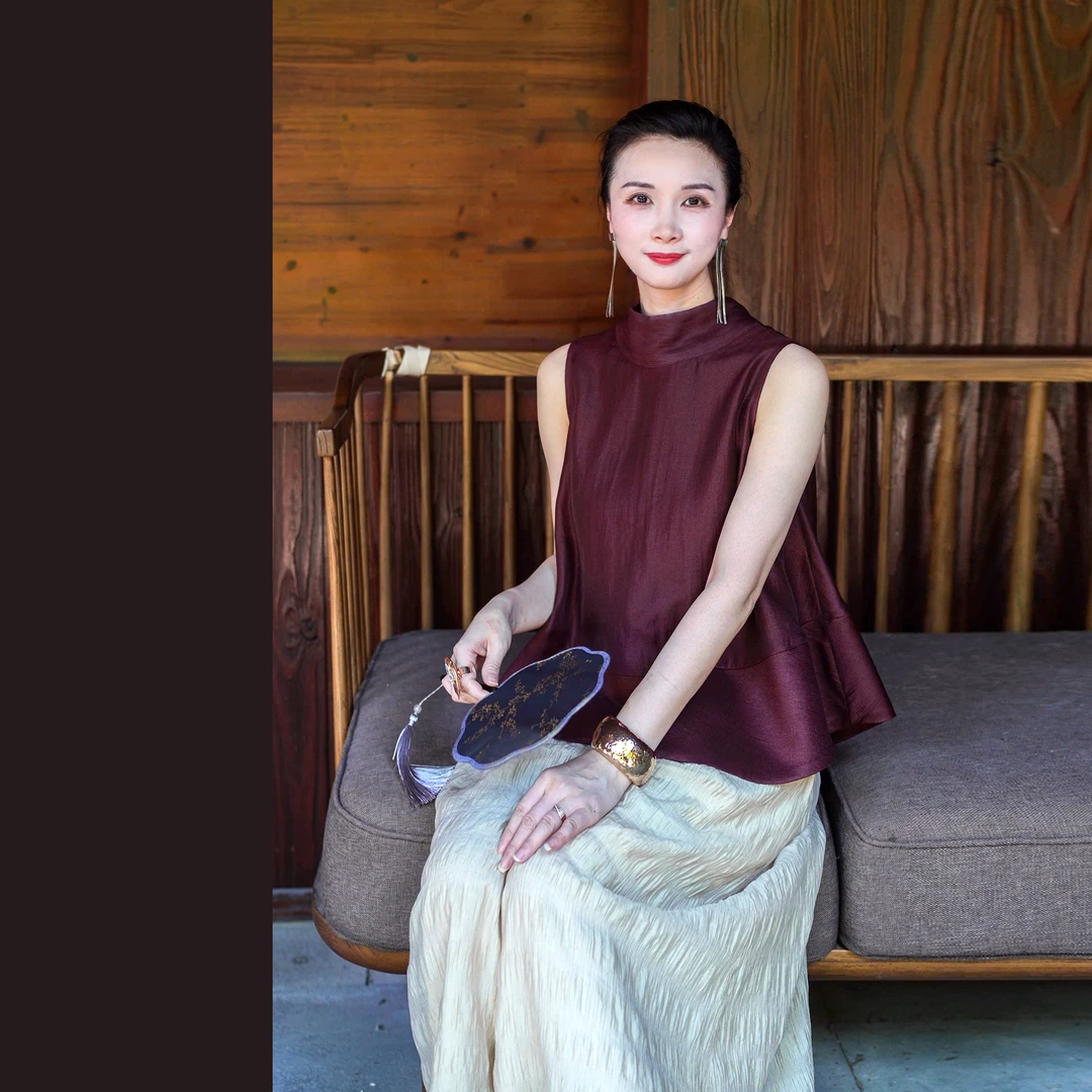 夏季女装《惊鸿紫陌》女士精致百搭紫红色飘带上衣马甲ZX24096-1