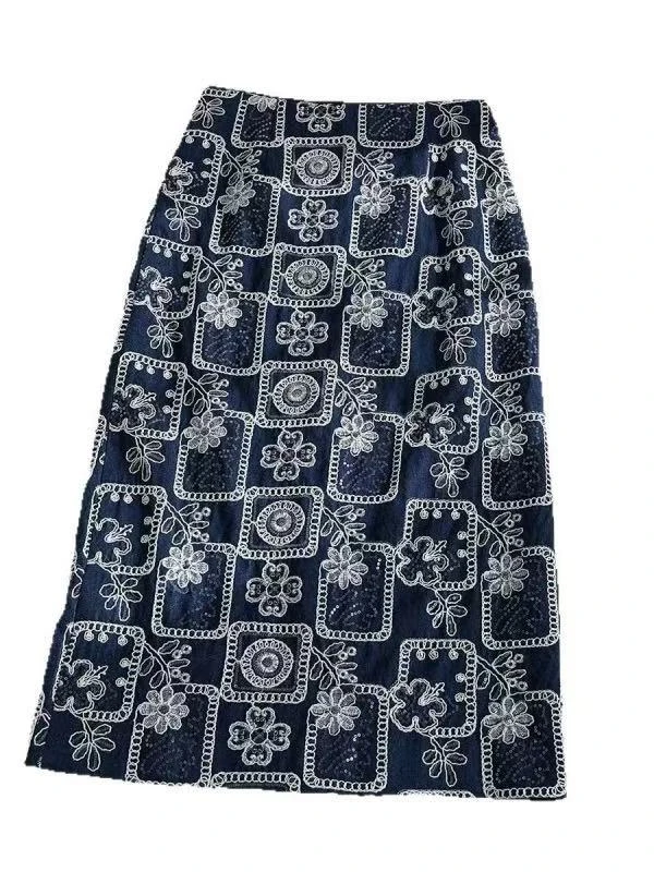 绣花订亮片百搭牛仔轻熟风印花半身裙春秋款