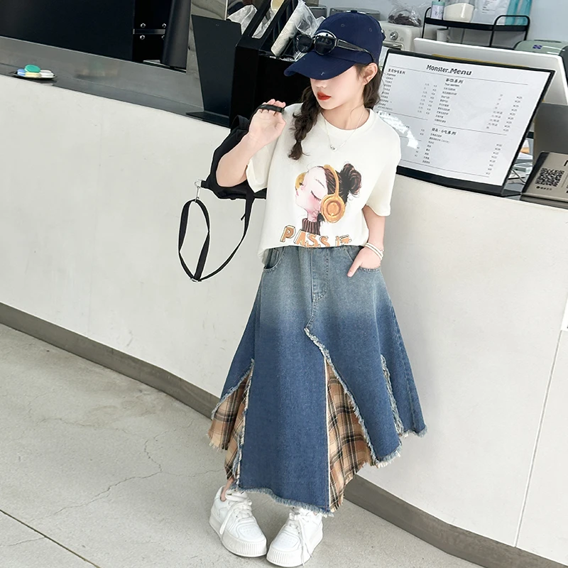 【嘻嘻柚】女童夏季韩系短袖T恤复古牛仔拼接格纹不规则A字裙两件套