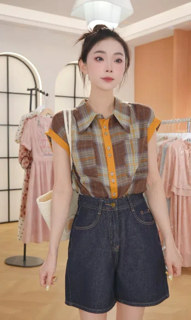 X格纹复古撞色韩版无袖衬衫女2025夏季新款洋气衬衣小众