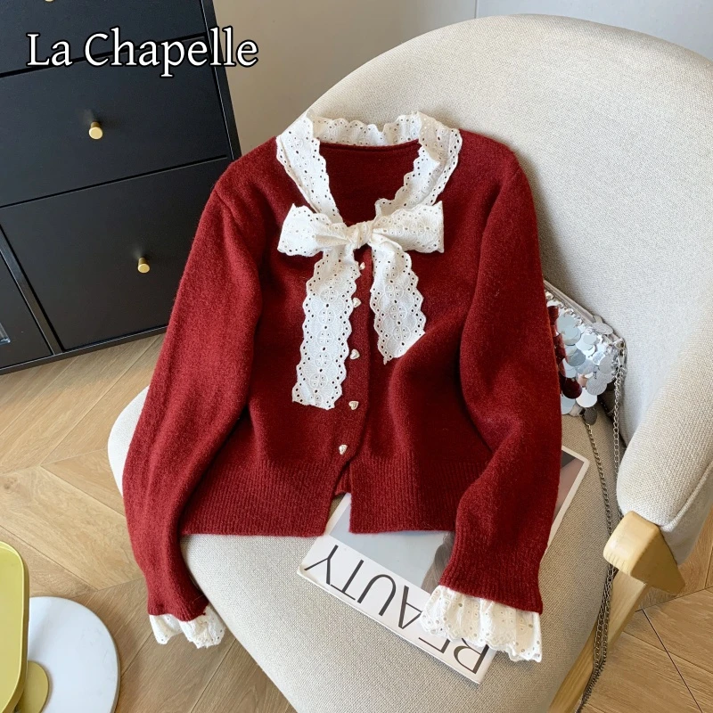 拉夏贝尔蝴蝶结新年红色毛衣开衫女秋冬季高级感短款内搭针织上衣