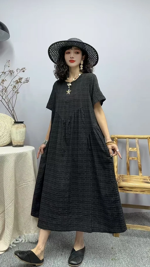 5013夏季新款清凉气质时尚复古遮肚宽松女显瘦百搭圆领休闲连衣裙