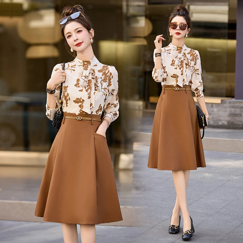 小香风名媛气质拼接假两件连衣裙2025秋季新款显瘦中长款印花裙子