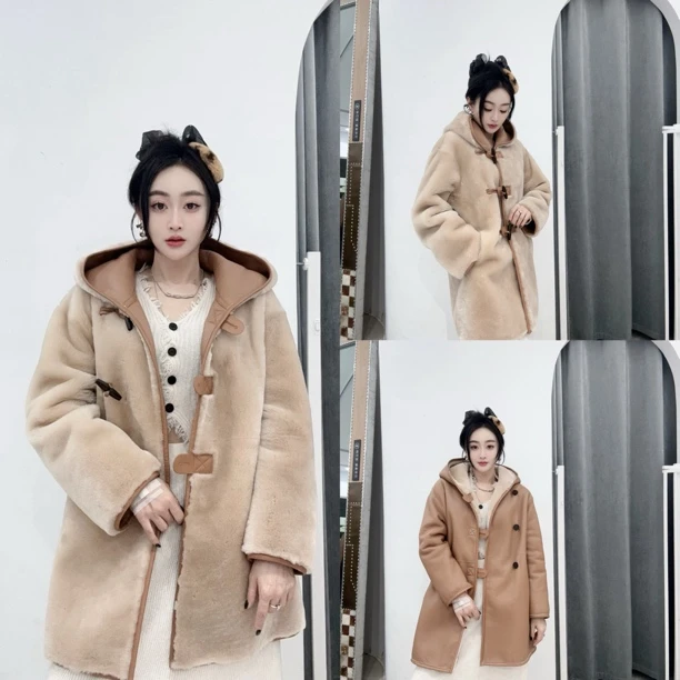 帽款两面穿阔版皮毛一体外套