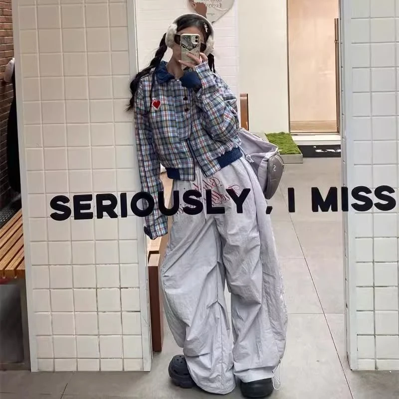 美式复古爱心格纹短款棉服外套女冬季百搭翻领加厚棉衣弯刀裤套装