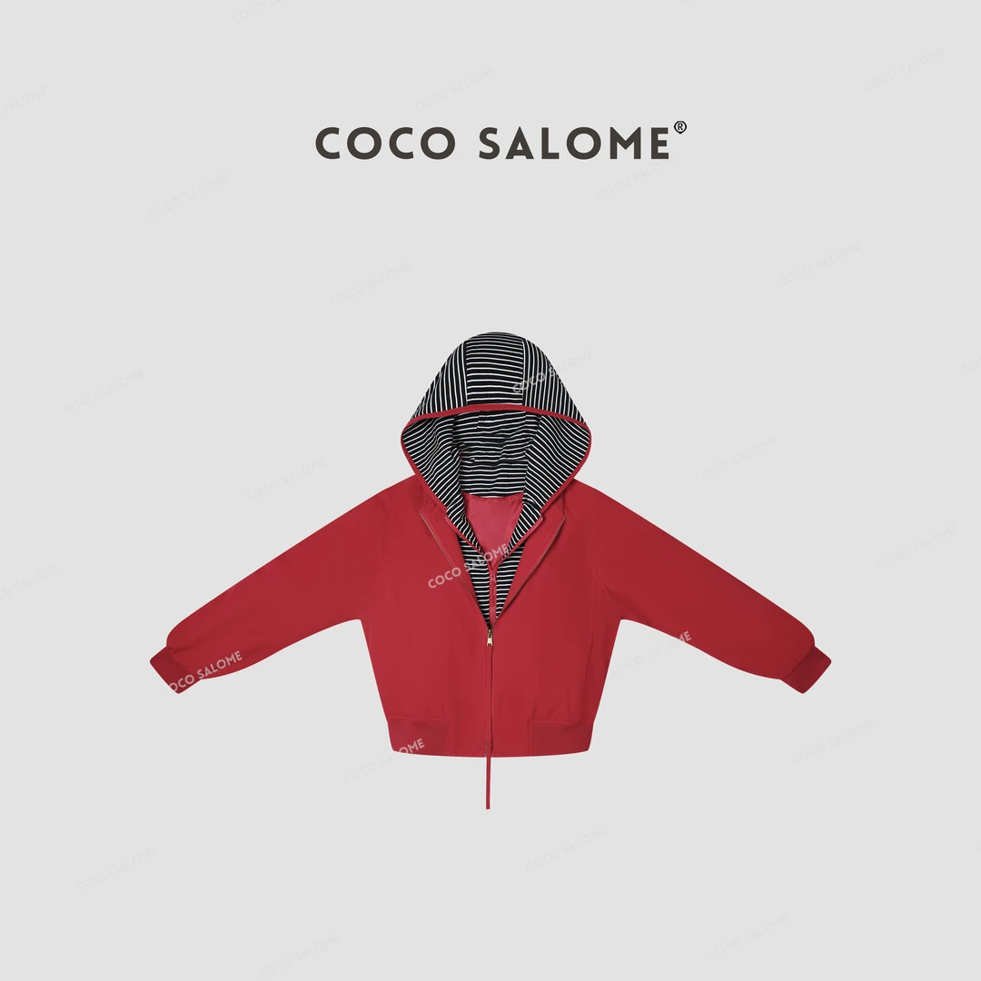 COCO SALOME⑥【斑马】早春条纹拼接假两件撞色休闲连帽外套1056